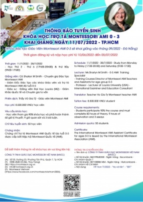 Thông báo Khóa Học Trợ Tá Phương Pháp Montessori AMI Độ Tuổi 0-3 Thông báo Khóa Học Trợ Tá Phương Pháp Montessori AMI Độ Tuổi 0-3